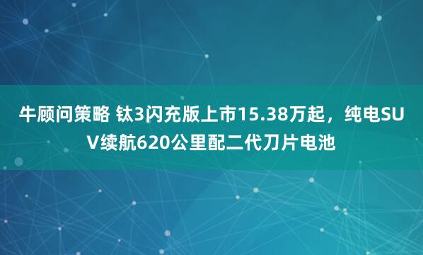 牛顾问策略 钛3闪充版上市15.38万起，纯电SUV续航620公里配二代刀片电池